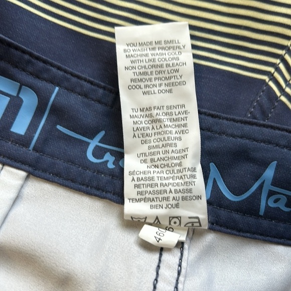 Travis Mathew Brilliance Shorts Blue Yellow Stripe Boardshorts Swim Sz 36 - Picture 9 of 10